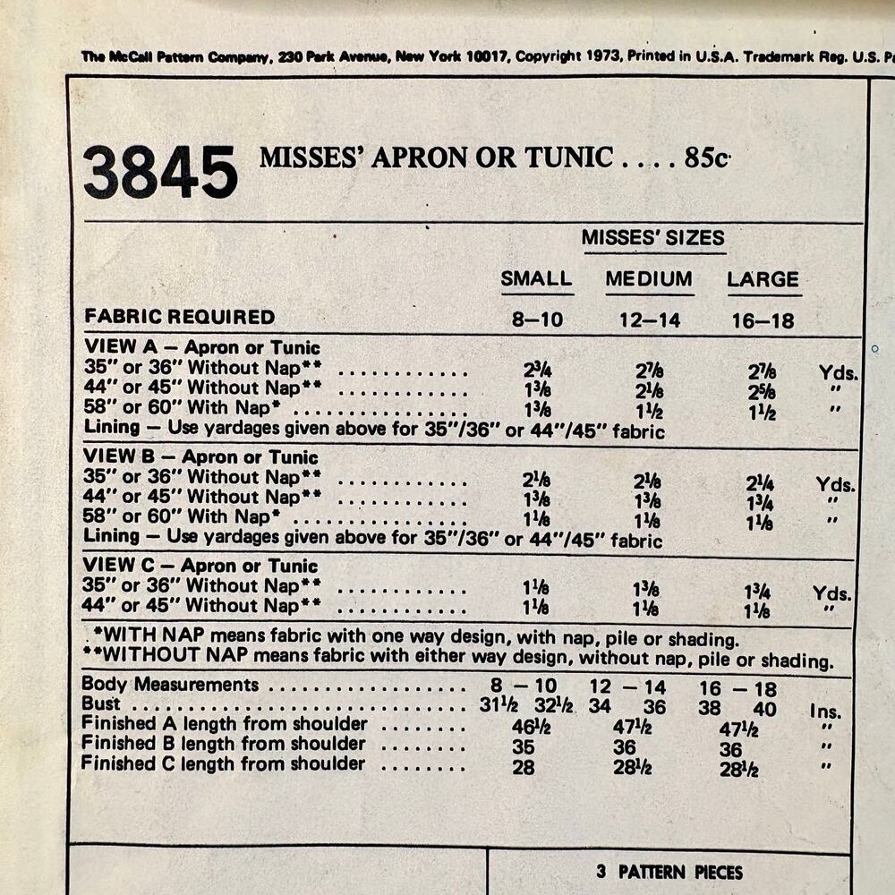 Vtg McCall's 3845 Kitchen Workshop Apron Tunic Three Lengths Pockets 8-18 FF/UC - Picture 3 of 4